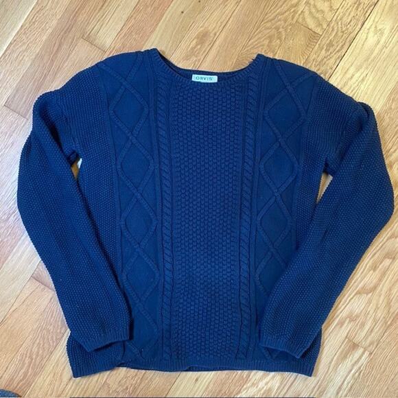 Orvis Navy Blue 100% Cotton Cable Knit Sweater Size Medium fisherman - Picture 1 of 8